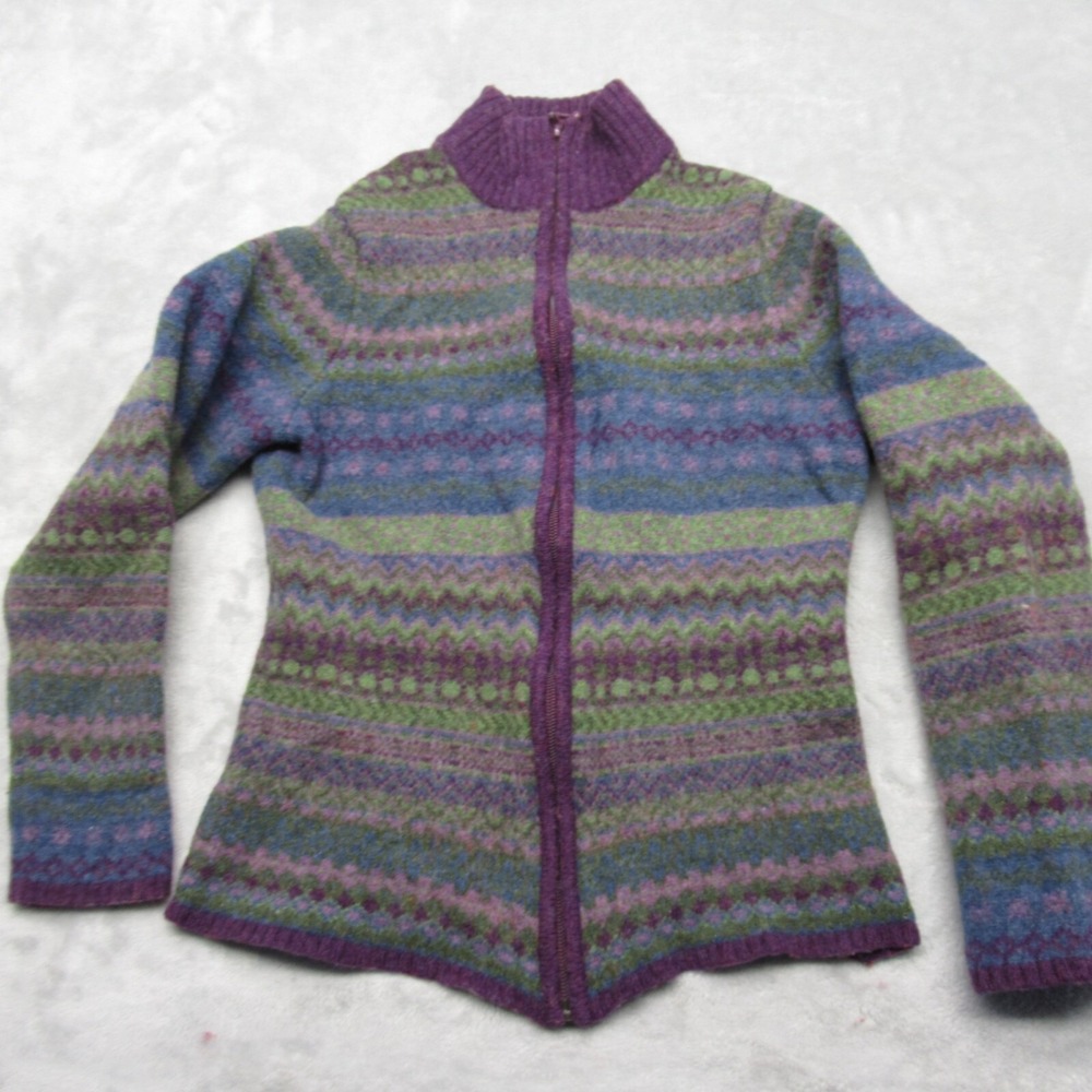 Woolrich Lambswool Sweater Women S Purple Fair Isle Full Zip Aztec WARM Fits XXS
